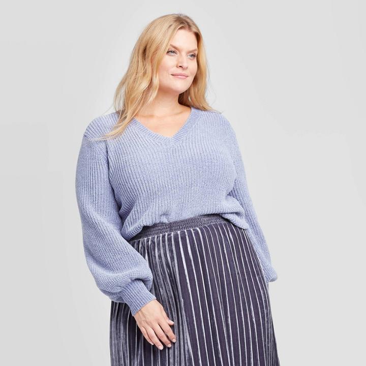 Women's Plus Size Long Sleeve V-neck Chenille Pullover Sweater - Ava & Viv Blue X