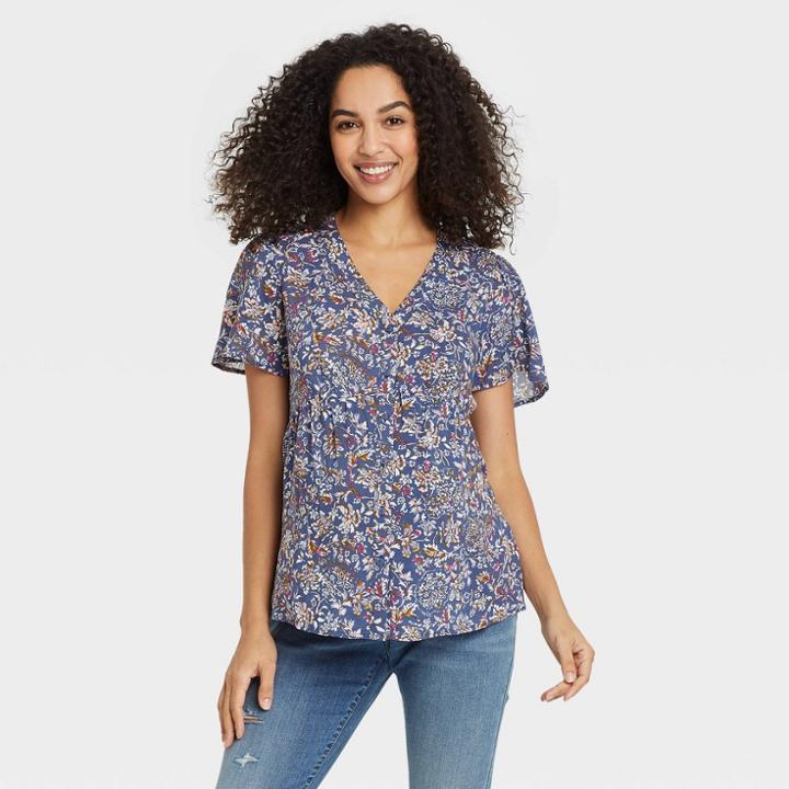 Short Sleeve V-neck Button-front Woven Maternity Shirt - Isabel Maternity By Ingrid & Isabel Blue Floral