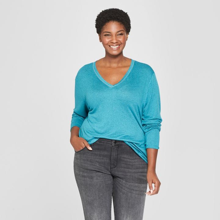 Women's Plus Size Knit V-neck Long Sleeve Top - Ava & Viv Teal Heather