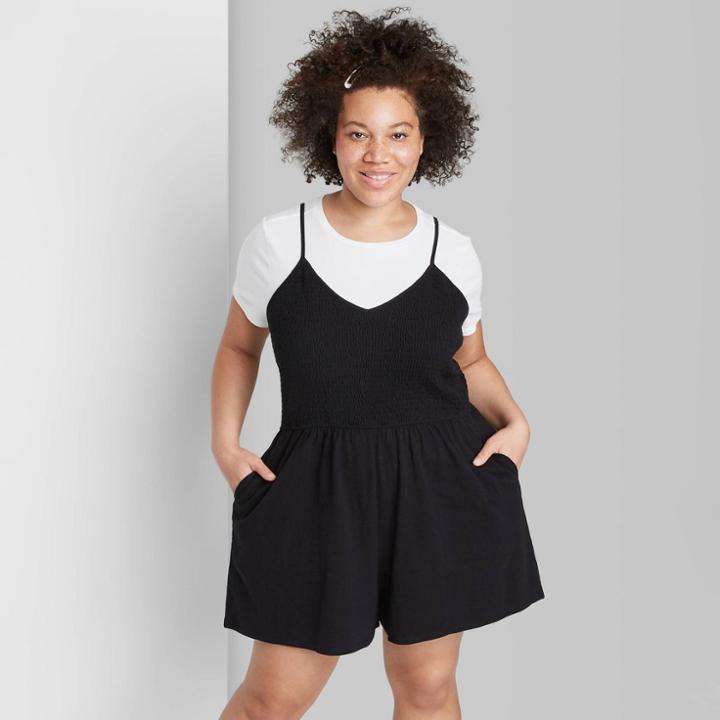 Women's Plus Size Sleeveless Smocked Top Knit Romper - Wild Fable Black