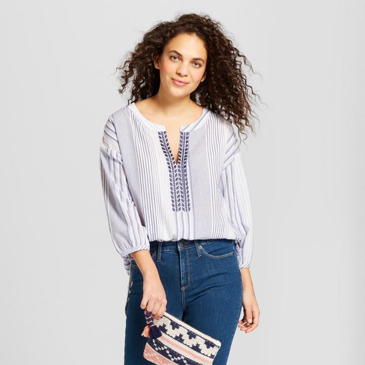Women's Striped 3/4 Sleeve Embroidered Tunic - Universal Thread Blue