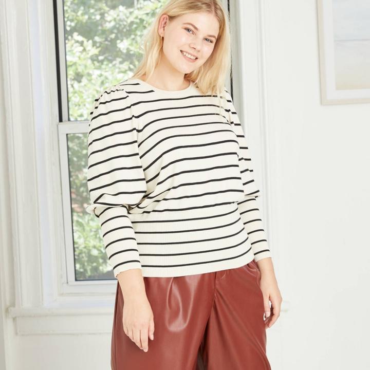 Women's Plus Size Striped Crewneck Pullover Sweater - Who What Wear White
