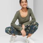 Women's Long Sleeve Scoop Neck Henley Button T-shirt - Wild Fable Olive