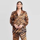 Women's Animal Print Long Sleeve V-neck Silky Blazer Blouse - Who What Wear Brown