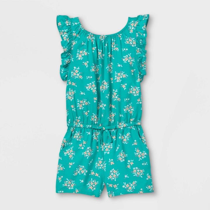 Toddler Girls' Floral Ruffle Sleeve Romper - Cat & Jack Teal