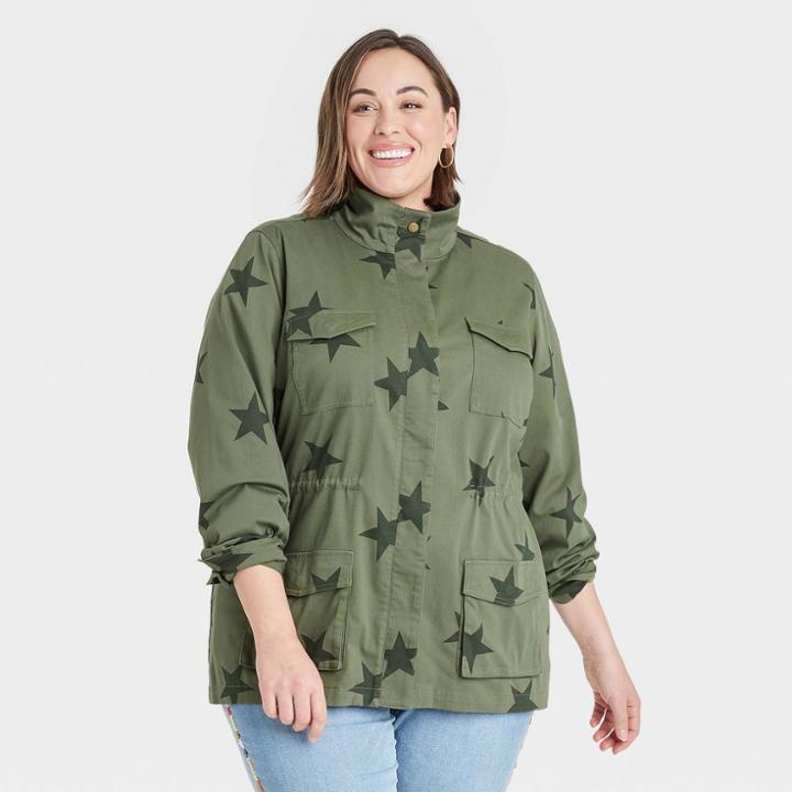 Women's Plus Size Long Sleeve Star Jacket - Knox Rose Olive Green