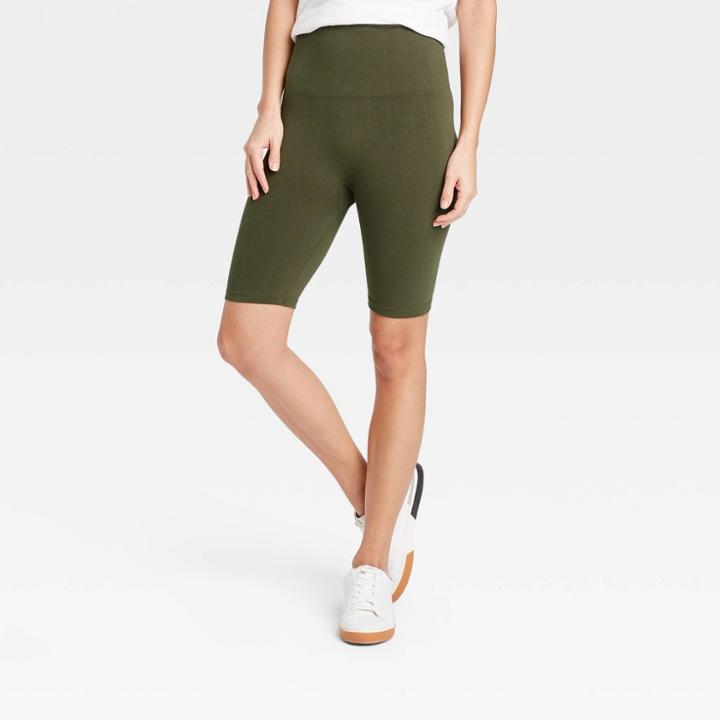 Women's High-waist Cotton Blend Seamless 7 Inseam Bike Shorts - A New Day Olive