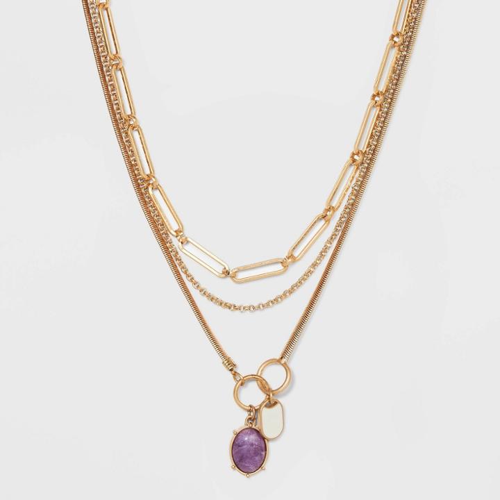 Semi-precious Lepidolite And Enamel Tag Medallion Layered Chain Necklace - Universal Thread Ivory/purple