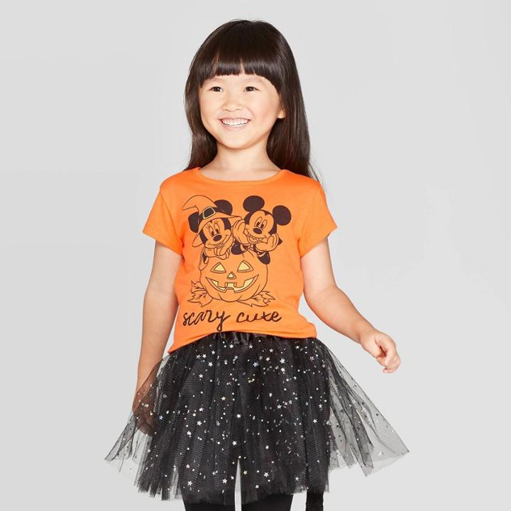Petitetoddler Girls' Mickey Mouse Scary Cute Halloween Short Sleeve T-shirt - Orange