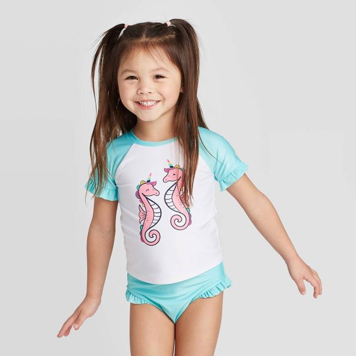 Petitetoddler Girls' Sea Horses Short Sleeve Rash Guard Set - Cat & Jack True White 12m, Blue/white