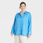 Women's Plus Size Long Sleeve Oversized Satin Button-down Shirt - A New Day Blue