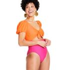 Women's Colorblock Puff Sleeve Tie-front One Piece Swimsuit - Tabitha Brown For Target Orange/pink Xxs