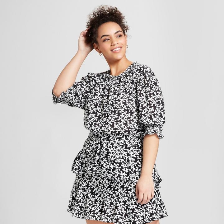 Women's Plus Size Floral Print 3/4 Sleeve Smocked Blouse - Who What Wear Black/white X, Black/white Floral