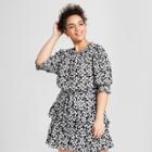 Women's Plus Size Floral Print 3/4 Sleeve Smocked Blouse - Who What Wear Black/white X, Black/white Floral