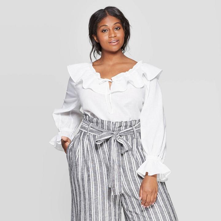 Women's Plus Size Shoulder Long Sleeve V-neck Blouse - Who What Wear White