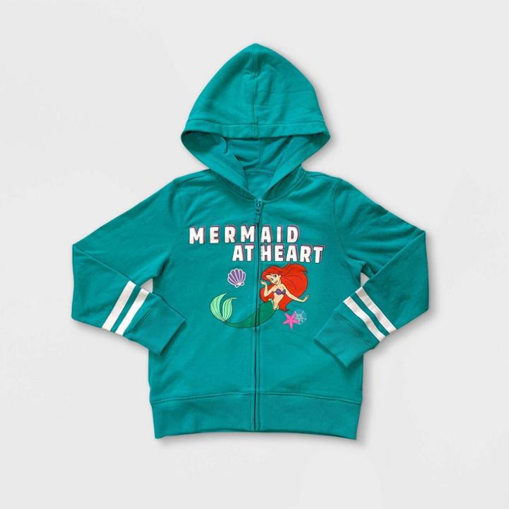 The Little Mermaid Girls' Disney Ariel Zip-up Hooded Sweatshirt - Green 3 - Disney