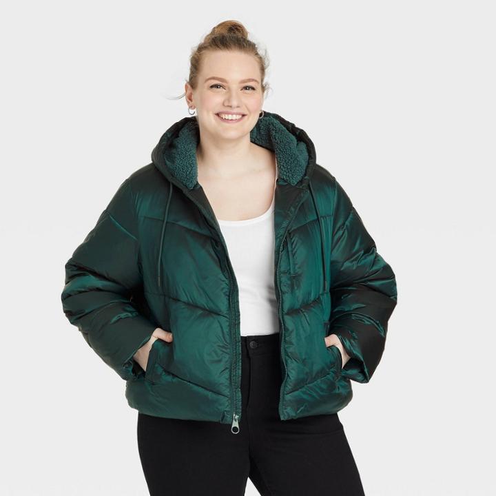 Women's Plus Size Short Puffer Jacket - Ava & Viv Teal X, Blue