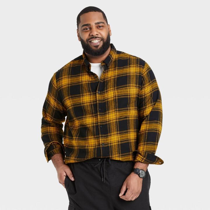 Men's Tall Standard Fit Plaid Lightweight Flannel Long Sleeve Button-down Shirt - Goodfellow & Co Gold