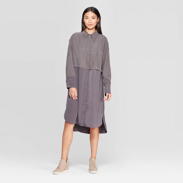 Women's Long Sleeve Relaxed Fit Collared Midi Shirtdress - Prologue Gray M, Women's,