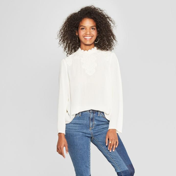 Women's Long Sleeve Woven Top With Lace Neck - Xhilaration Natural