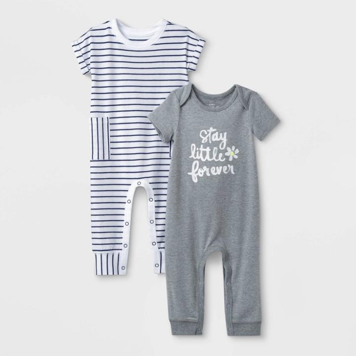 Baby Girls' 2pk Striped Romper - Cat & Jack Gray Newborn, Girl's, White