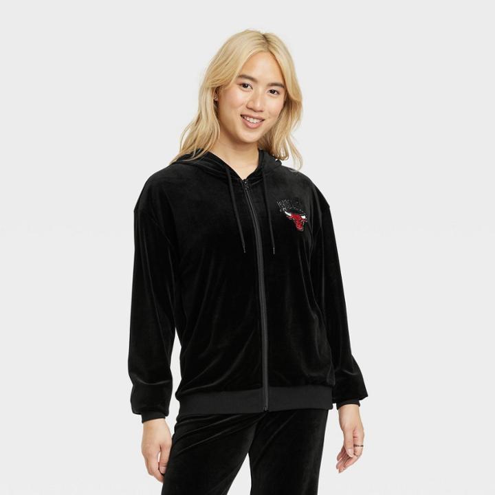 Women's Nba Chicago Bulls Velour Zip-up Graphic Hoodie - Black