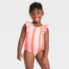 Toddler Girls' Striped One Piece Swimsuit - Cat & Jack 12m, Orange/pink/pink