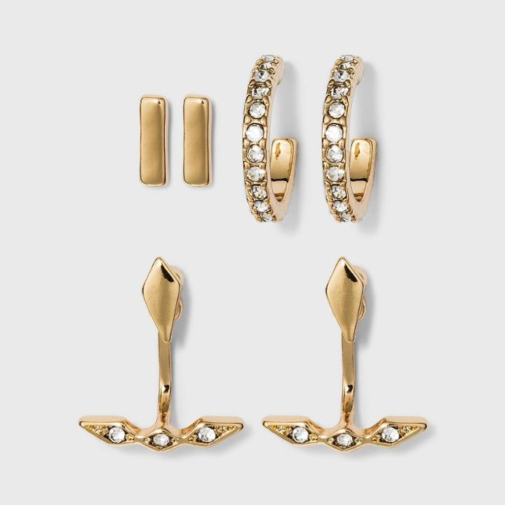 Small Huggie Hoop Bar Stud Earring Set 3pc - A New Day Gold