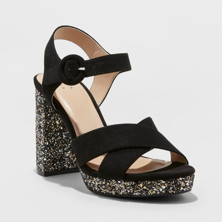 Women's Fiona Glitter Satin Crossband Platform Quarter Strap Sandal - A New Day Black