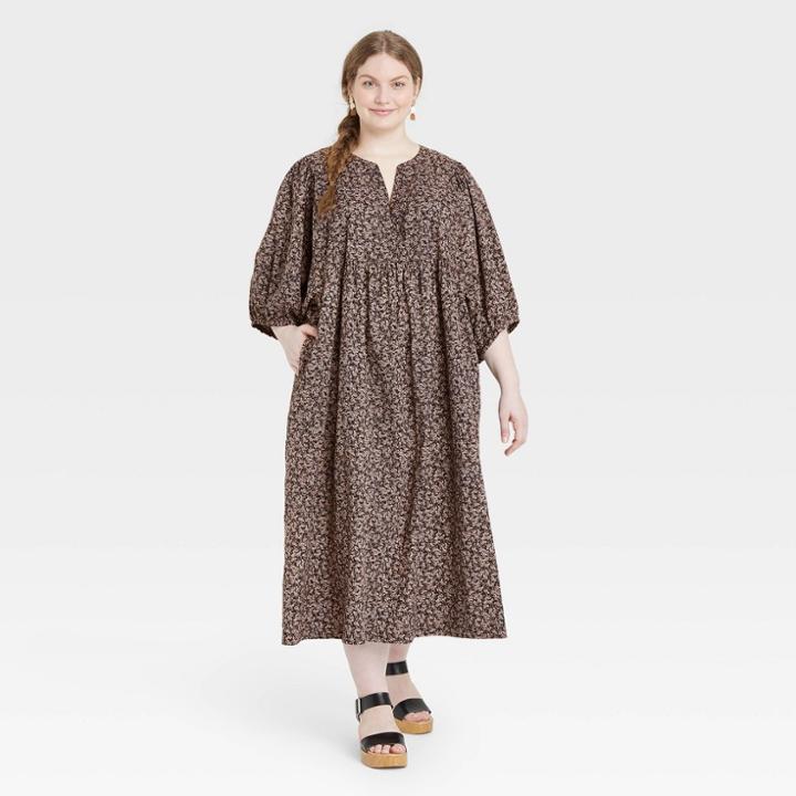 Women's Plus Size Balloon Long Sleeve Dress - Universal Thread Dark Gray Floral