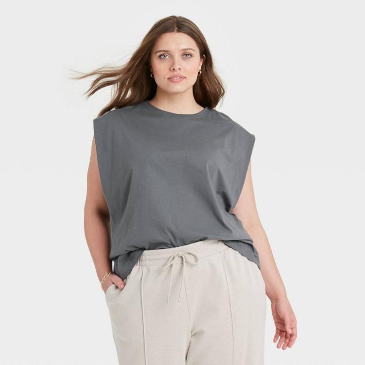 Women's Plus Size Exaggerated Shoulder Tank Top - A New Day Gray