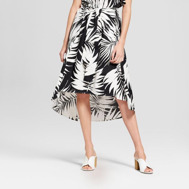 Women's Palm Print Tie Front Midi Skirt - Who What Wear Black/white 4, Black/white Palm Print