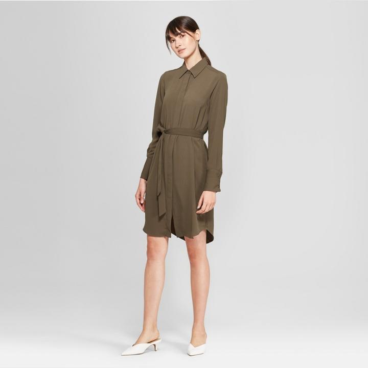 Women's Long Sleeve Collared Shirt Dress - Prologue Olive (green)