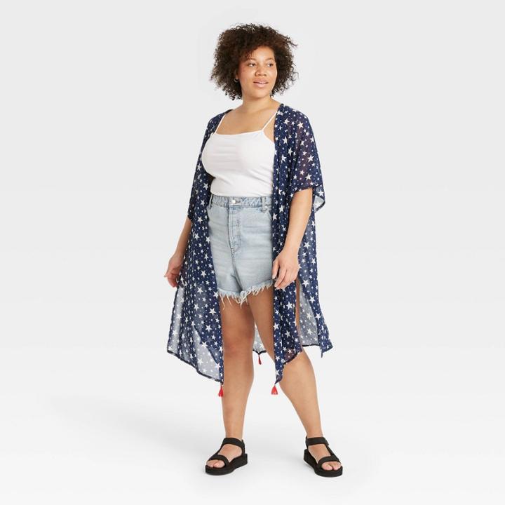 No Brand Women's Plus Size Star Print Ruana Duster - Blue/white