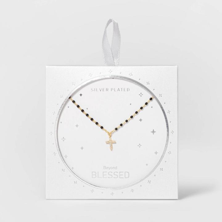 No Brand Metal Cross Clear Beaded Necklace - Gold, Women's