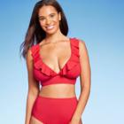 Women's Ruffled V-neck Longline Triangle Bikini Top - Shade & Shore Red D/dd Cup