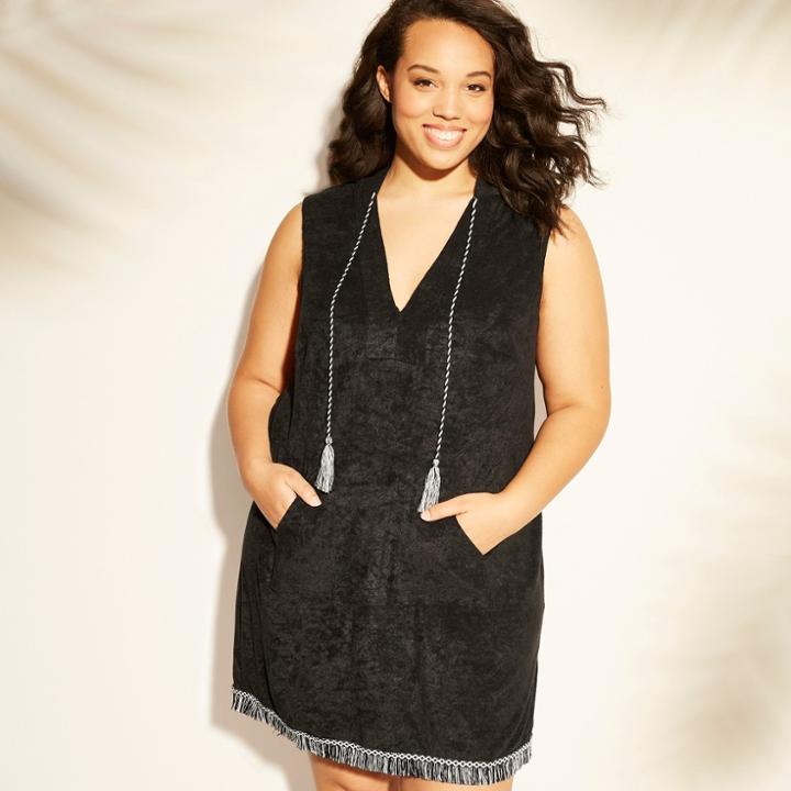 Women's Plus Size Fringe Hem Hoodie Cover Up - Cover 2 Cover Black