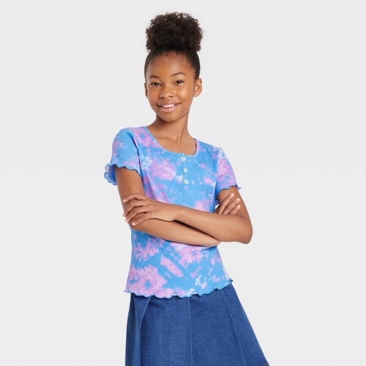 Girls' Henley T-shirt - Art Class Blue Tie-dye
