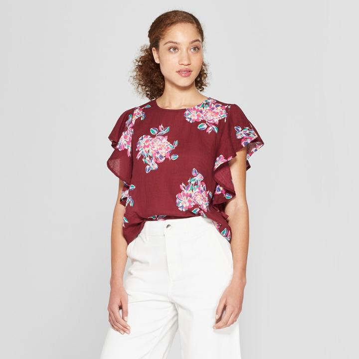 Women's Floral Print Short Sleeve Blouse - A New Day Purple