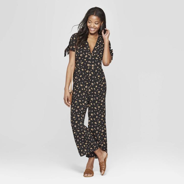 Women's Floral Print Short Sleeve V-neck Button Front Jumpsuit - Xhilaration Black