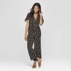 Women's Floral Print Short Sleeve V-neck Button Front Jumpsuit - Xhilaration Black