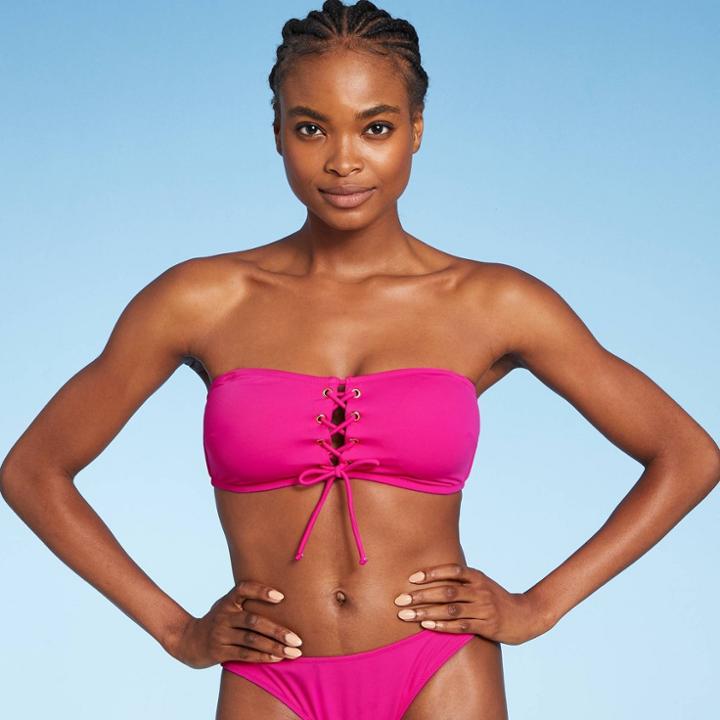 Women's Center Lace-up Bandeau Bikini Top - Shade & Shore Fuschia Pink D/dd Cup