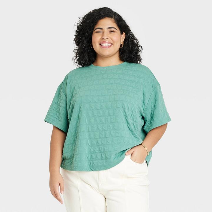 Women's Plus Size Bell Short Sleeve Quilted Boxy T-shirt - A New Day Green