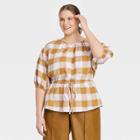Women's Plus Size Balloon Elbow Sleeve Popover Blouse - Who What Wear Khaki Gingham Check 3x, Green Gingham Check