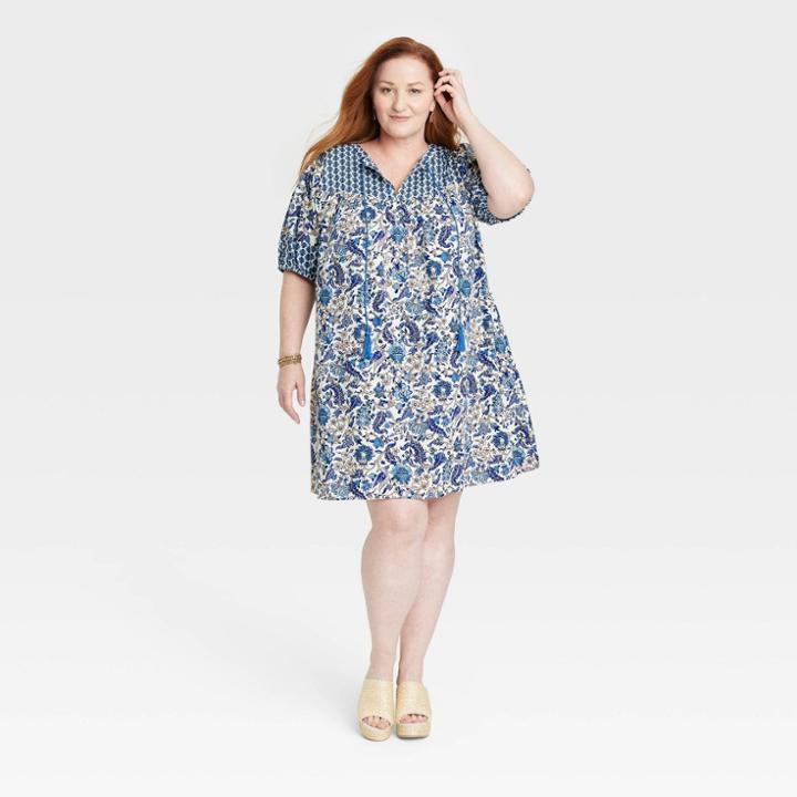 Women's Plus Size Short Sleeve A-line Dress - Knox Rose Light Blue Floral