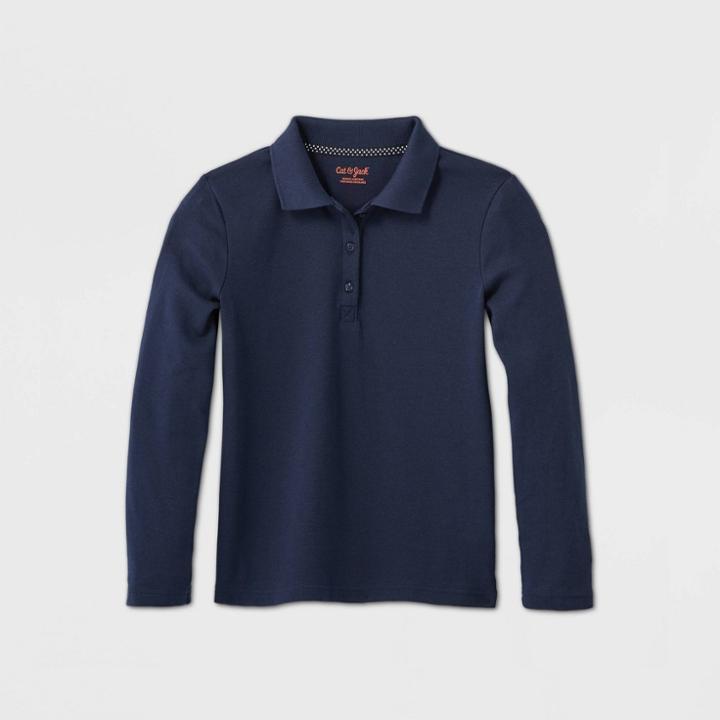 Girls' Long Sleeve Interlock Uniform Polo Shirt - Cat & Jack Navy