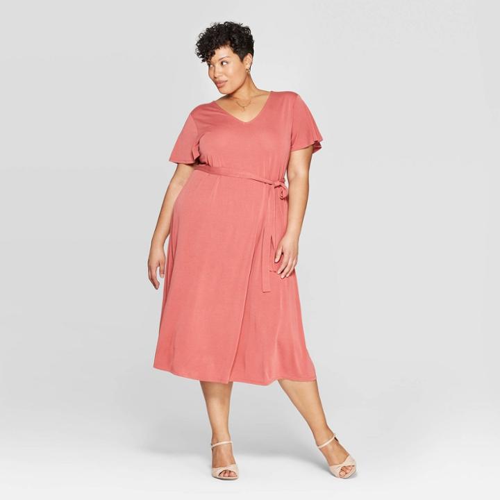 Women's Plus Size Short Sleeve V-neck Sand Wash Knit Dress - Ava & Viv Mauve (pink)