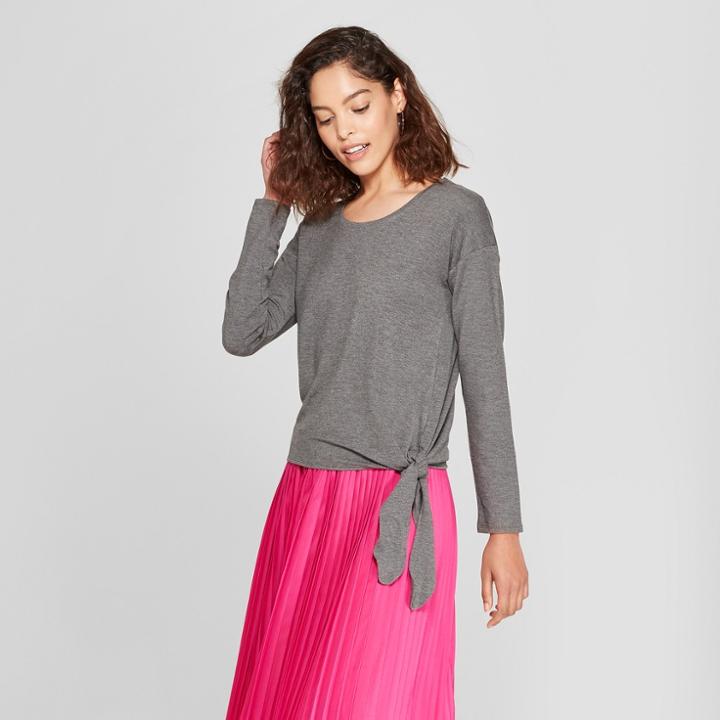 Women's Long Sleeve Side-tie Top - A New Day Dark Heather Gray