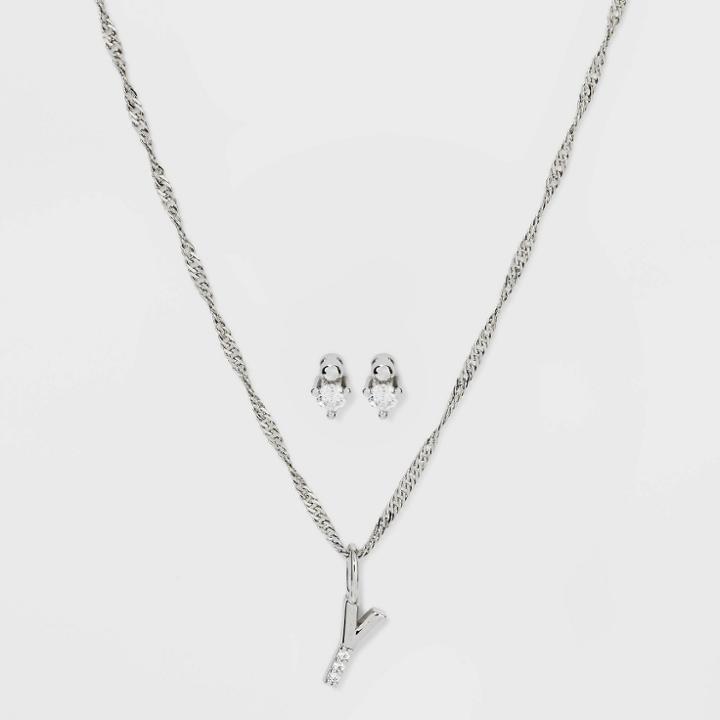 Silver Plated Cubic Zirconia 'y' Initial Earring And Pendant Necklace Set - A New Day