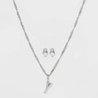 Silver Plated Cubic Zirconia 'y' Initial Earring And Pendant Necklace Set - A New Day
